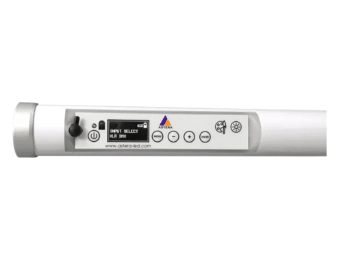 Astera Helios battery powered tube light rental display showing battery and status indicators